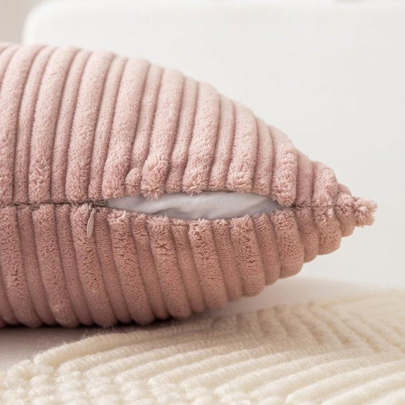 Set of 2 Petal Pink Blush Soft Corduroy Stripe Velvet Pillow Covers Pillows New - Picture 4 of 10